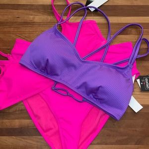 California waves 3 piece bikini set, pink/ purple large